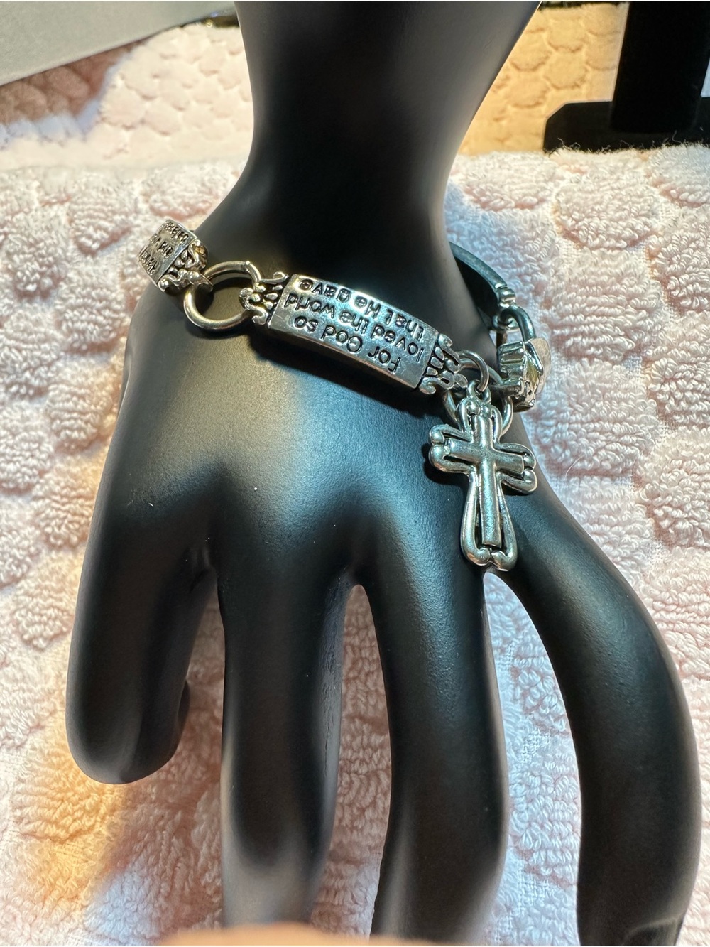 TITLE] Brighton Retired Silver Plated Scripture ID Bar Link Bracelet Cross Charm